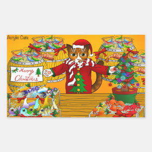 Sticker Rectangulaire Marché de poisson de Noël Stand Chat