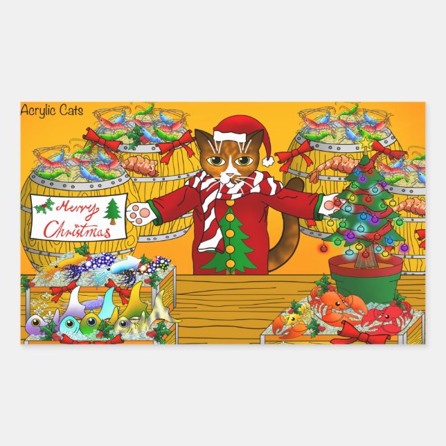 Sticker Rectangulaire Marché de poisson de Noël Stand Chat (Devant)