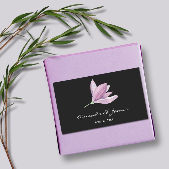 Sticker Rectangulaire Mariage à fleurs Magnolia (Magnolia Floral Wedding Favor Black Rectangle Stickers)
