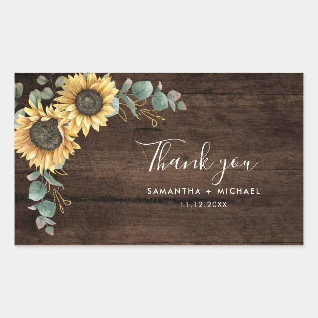 Sticker Rectangulaire Mariage floral de tournesol Merci rustique (Devant)