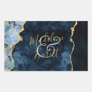 Sticker Rectangulaire Mariage Monogramme Agate Feuille D'Or Bleu Marine