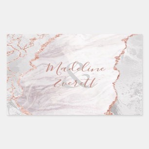 Sticker Rectangulaire Mariage Monogramme en Marbre d'Agate Or Rose et Bl