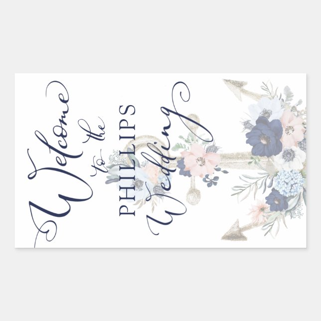 Sticker Rectangulaire Mariage nautique Floral Ancre Marine Bleu BIENVENU (Devant)