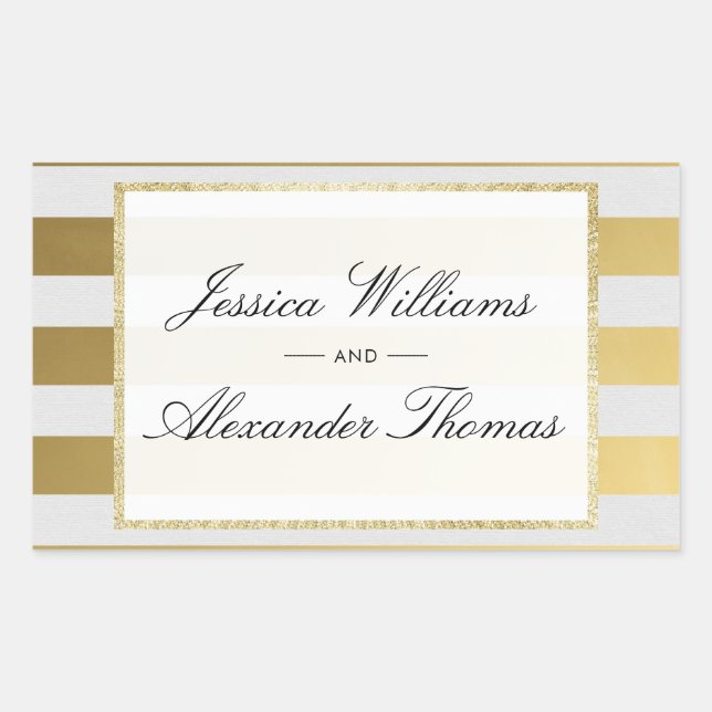 Sticker Rectangulaire Mariage rayures or et blanc élégant (Devant)