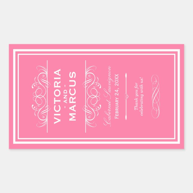 Sticker Rectangulaire Mariage rose Élégant Monogramme Bouteille de vin (Devant)