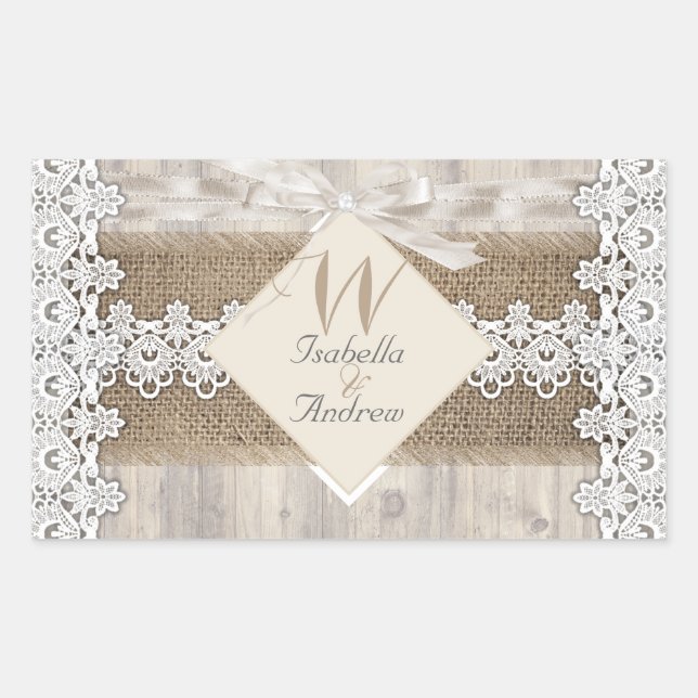 Sticker Rectangulaire Mariage Russe Beige Blanc dentelle Bois Burlap AB (Devant)