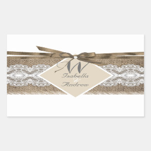 Sticker Rectangulaire Mariage Russe Beige Blanc Lace Burlap 2a