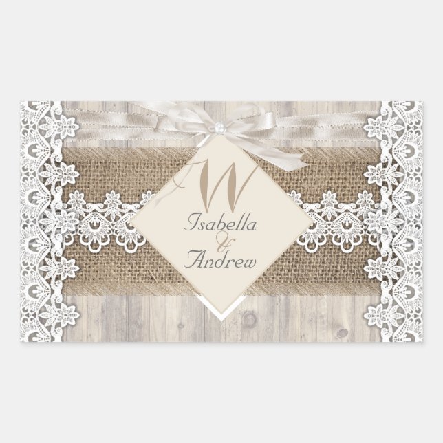 Sticker Rectangulaire Mariage Rustique Beige Blanc Dentelle Bois Toile d (Devant)
