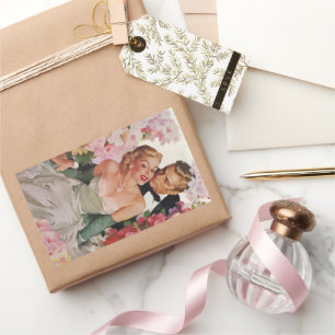 Sticker Rectangulaire Mariage Vintage, Jeunes Mariés Rétro Mariée et Mar