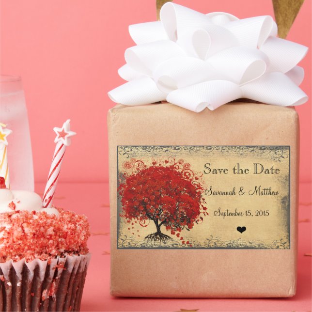 Sticker Rectangulaire Mariages Arbre à Feuilles de Cœur Rouges Mignons (Fête)