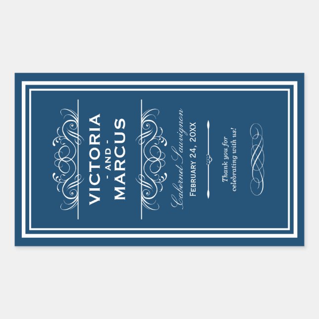Sticker Rectangulaire Marine Bleu Élégant Mariage Monogramme Bouteille d (Devant)