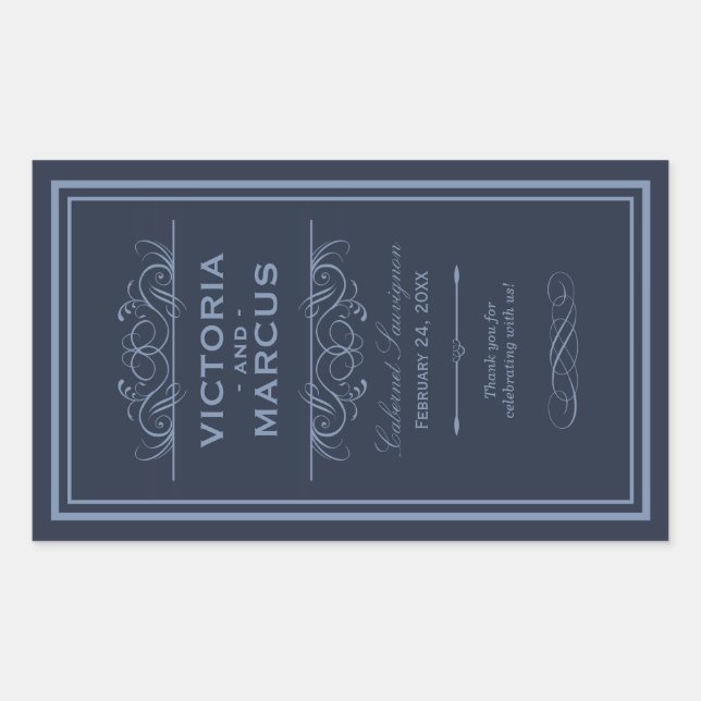 Sticker Rectangulaire Marine Mariage Vin Bouteille Monogramme Favoriser  (Devant)