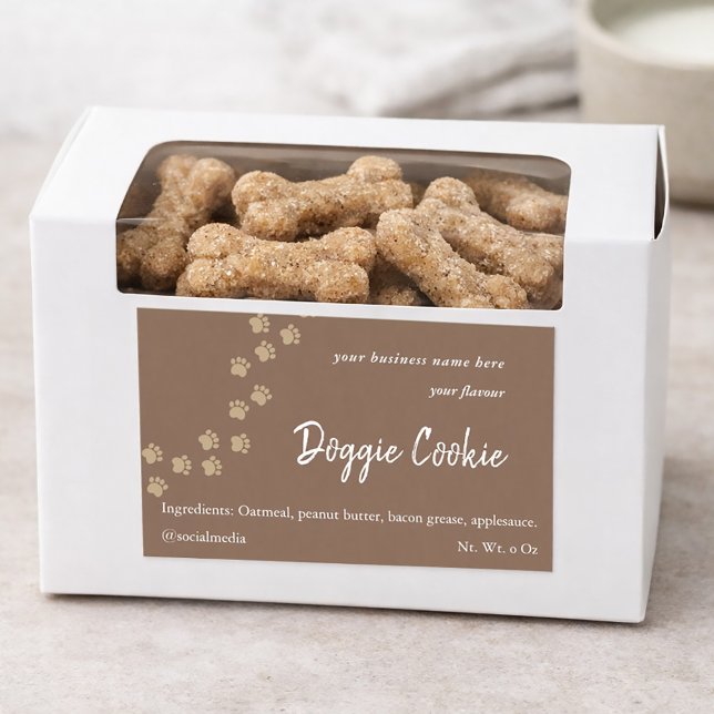 Sticker Rectangulaire Marron rustique papier empreinte de patte de chien (Professional Dog cookie sticker with ingredients list. rustic brown with paw prints)