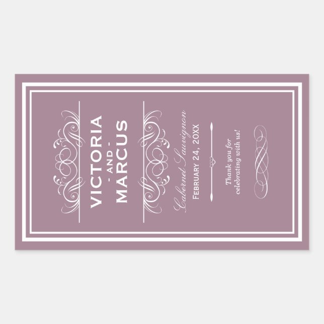 Sticker Rectangulaire Mauve Elégant Mariage Monogramme Bouteille de vin (Devant)