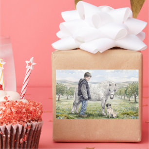 Sticker Rectangulaire Meilleurs amis-Enfant avec poney et chien dans un