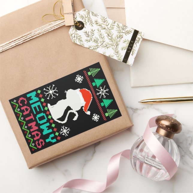 Sticker Rectangulaire Meowo Catmas Noël Père Noël Chat laide Sweater (Cadeaux)