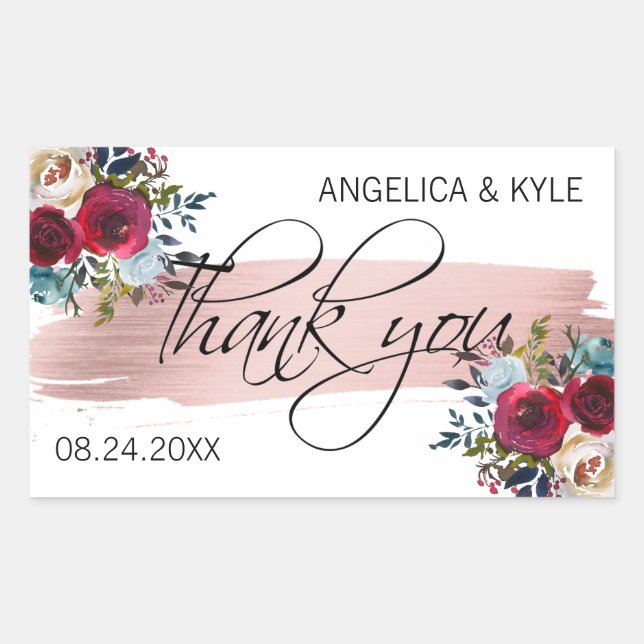 Sticker Rectangulaire Merci Floral Bourgogne Rose Mariage d'or (Devant)