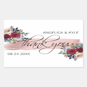 Sticker Rectangulaire Merci Floral Bourgogne Rose Mariage d'or