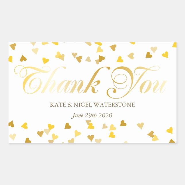 Sticker Rectangulaire Merci Gold Script et Golden Hearts Confetti (Devant)