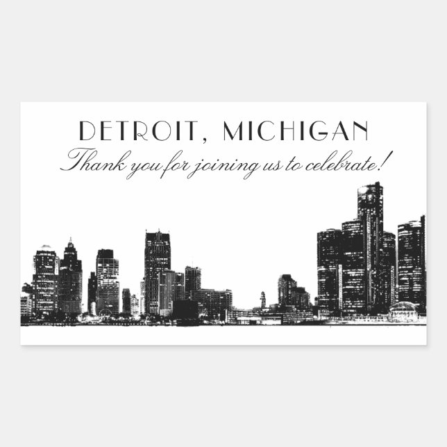 Sticker Rectangulaire Merci Mariage de Detroit Skyline Art déco noir (Devant)