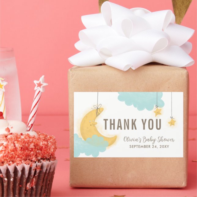 Sticker Rectangulaire Merci Souriant Lune Étoiles Nuages Baby shower (Fête)