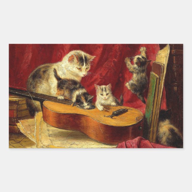 Sticker Rectangulaire Mère Chat et chatons Jouer avec la guitare (Devant)