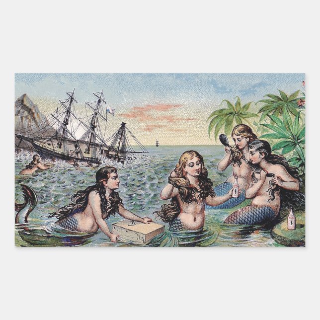 Sticker Rectangulaire Mermaid Antique Magie Océan Nautique (Devant)