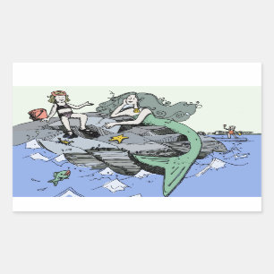 Sticker Rectangulaire Mermaid littoral mignon dessin animé plage art pou