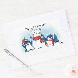 Sticker Rectangulaire Merry Christmas Penguins building a Snow Cat