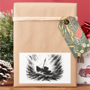 Sticker Rectangulaire Mers orageuses Encre Bateau luttant contre les vag