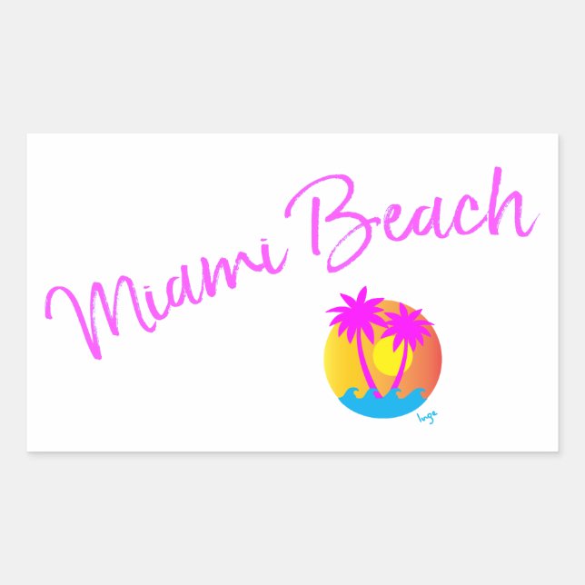 Sticker Rectangulaire Miami-Beach-logo-soleil-palmiers-rose (Devant)