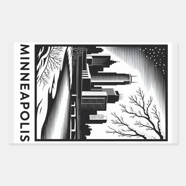 Sticker Rectangulaire Minneapolis Skyline Black and White Woodcut Winter (Devant)