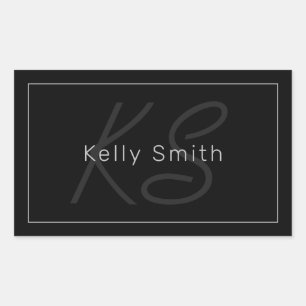Sticker Rectangulaire Moderne Noir & Gris Nom Cool & Monogramme