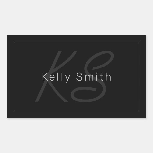 Sticker Rectangulaire Moderne Noir & Gris | Nom Cool & Monogramme (Devant)