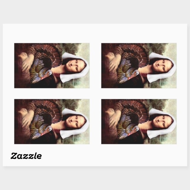 Sticker Rectangulaire Mona Lisa pèlerine de Thanksgiving avec dinde (Feuille)
