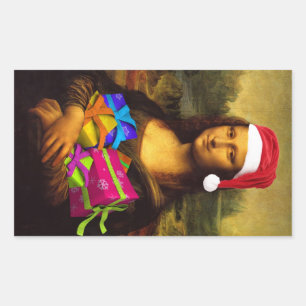 Sticker Rectangulaire Mona Lisa se déguise en Père Noël