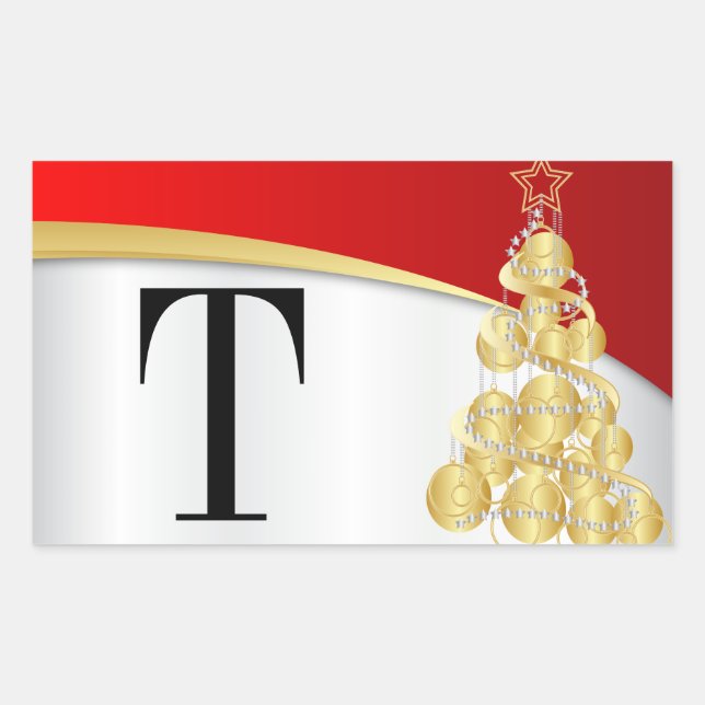 Sticker Rectangulaire Monogram Gold & Red Merry Christmas (Devant)