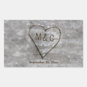 Sticker Rectangulaire Monogramme de coeur de bouleau sculpté rustique