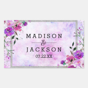 Sticker Rectangulaire Monogramme de mariage chic floral violet et cadre 