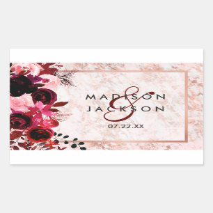 Sticker Rectangulaire Monogramme de mariage floral bordeaux et or rose