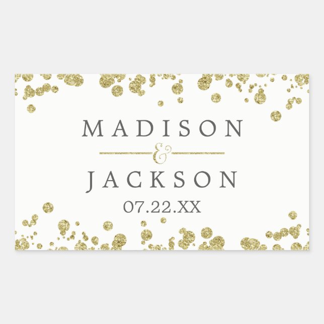 Sticker Rectangulaire Monogramme Mariage Confetti Blanc & Or (Devant)