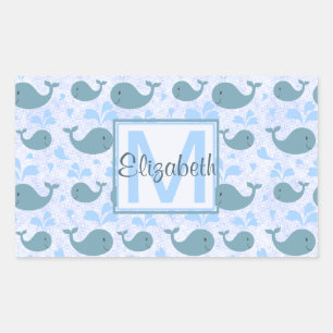 Sticker Rectangulaire Monogramme Motif de baleines bleues mignonnes