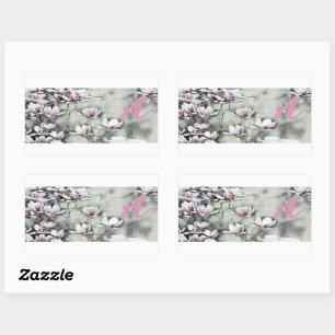 Sticker Rectangulaire Monogramme Pink magnolia branche dessin gris noir