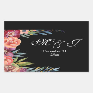 Sticker Rectangulaire Monogramme Tropical Elégant Noir Bourgogne & Plum