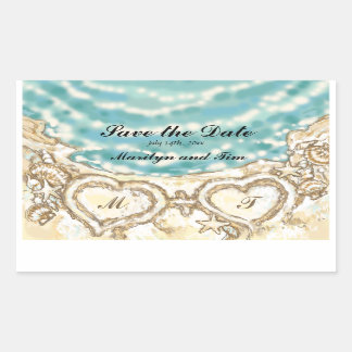 Sticker Rectangulaire Monogrammes Coeurs sur la plage Économisez la date