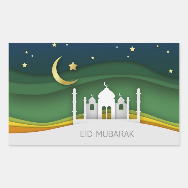 Sticker Rectangulaire Mosquée coupée en papier moderne de l'Aïd Moubarak (Devant)