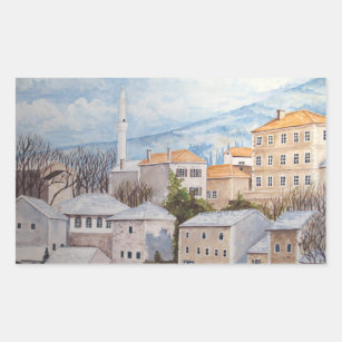 Sticker Rectangulaire Mostar, Bosnie - Peinture des paysages urbains acr