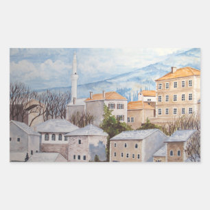 Sticker Rectangulaire Mostar, Bosnie - Peinture Townscape Acrylique