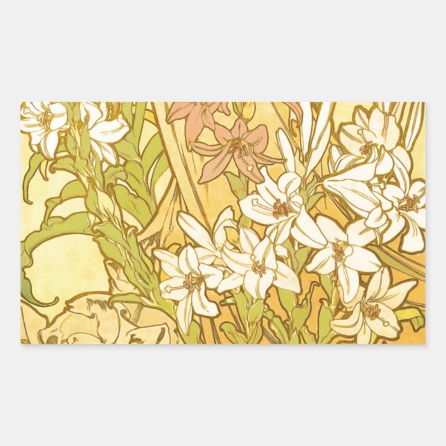 Sticker Rectangulaire Motif de fleurs de lys d'Alphonse Mucha : Art nouv (Devant)