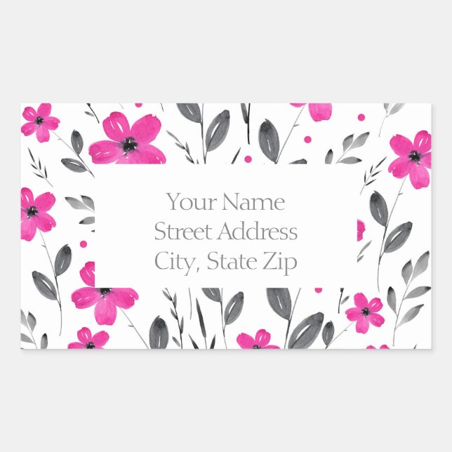 Sticker Rectangulaire Motif Fleur Rose Chaud, Gris Cinq Pétales Aquarell (Devant)